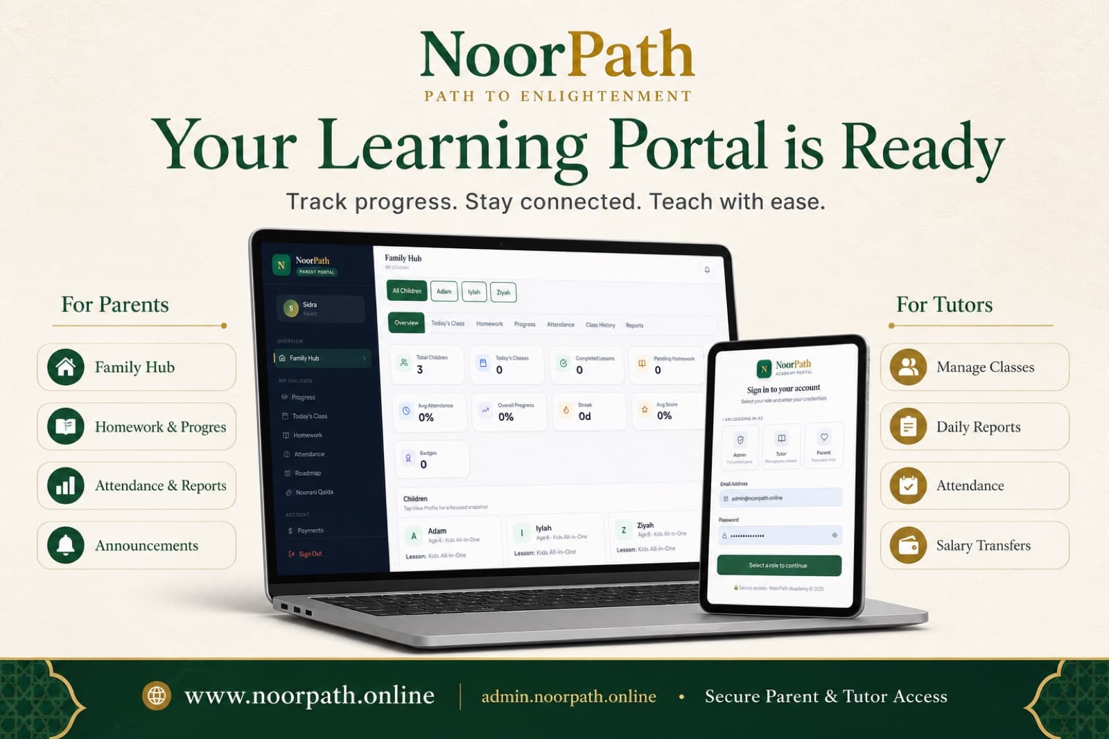 NoorPath Parent Portal — Family Hub on laptop and secure login on mobile for homework, progress, and attendance